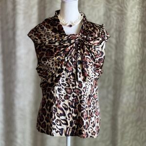 NWOT Vintage Y2K Bebe Leopard Print Silk Blouse Mob Wife Asymmetrical Bow Size L